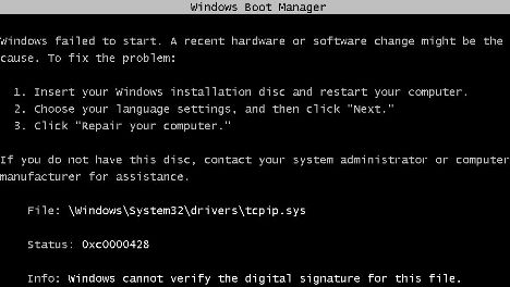 Windows failed to start and cannot verify the digital signature