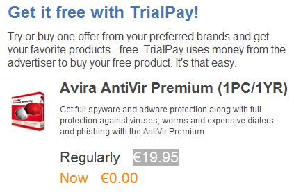 Free Avira AntiVir Premium via TrialPay