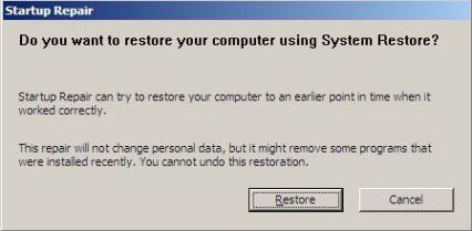 System Restore in Startup Repair of Vista