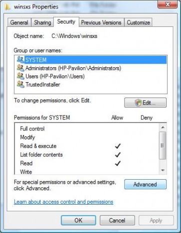 ownership take control folders permissions security vista tab advanced bottom button