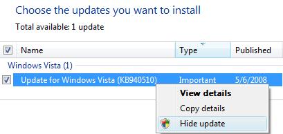 Hide KB940510 in Windows Update