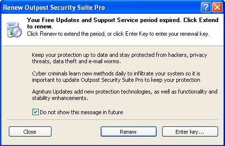 Ignore Renew Outpost Security Suite Pro or Firewall Pro Message