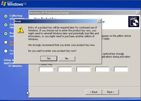 Skip and Bypass Entering Product Key during Windows XP Setup