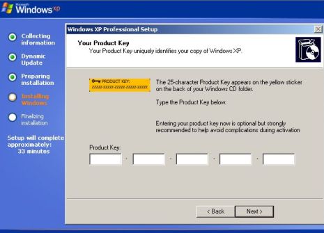 Bypass and Skip Product Key in Windows XP SP3 Installation