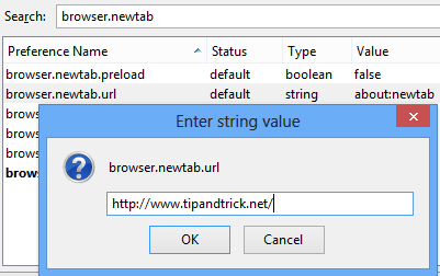 Change Firefox New Tab Homepage URL