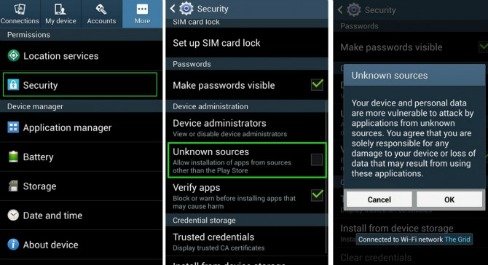 Enable third-party app installation by checking the Unknown Sources box under Security in Settings