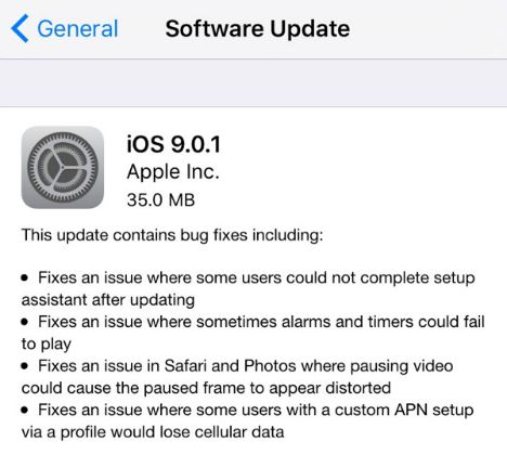 Apple Released iOS 9.0.1 To Fix Bugs Such As Freeze Setup Assistant, Alarm, Safari, and more